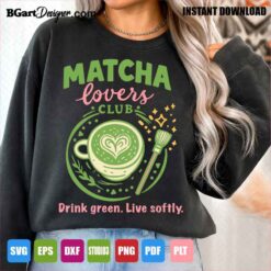 Matcha Lovers Club SVG vector design displayed on dark sweatshirt mockup for heat transfer and DTF printing