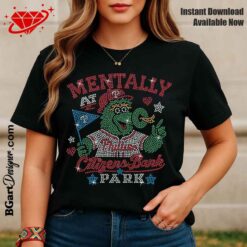 Mentally At Citizens Bank Park Phillies rhinestone shirt design mockup with green mascot on black T-shirt