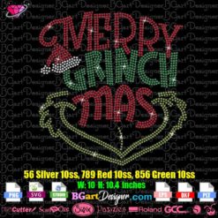 Merry grinch mas bling rhinestone template, Grinch santa hat svg cut file