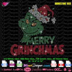 Woman wearing black T-shirt with Merry Grinchmas rhinestone design template, finished Christmas rhinestone shirt