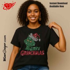Merry Grinchmas rhinestone design template with green grinch face and red text for Christmas rhinestone transfers
