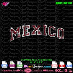 MEXICO rhinestone template design in red and white with SS10 layout for digital cutting machines