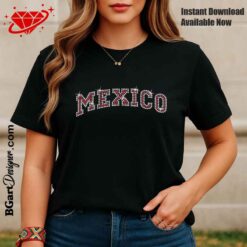 Woman wearing black t-shirt with MEXICO red and white rhinestone template design for heat press application