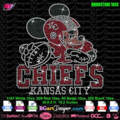 Mockup of a black T-shirt featuring a Kansas City Chiefs rhinestone design, styled with jeans and heels. The design showcases a sparkling football player helmet, made for use with cutting machines like Cricut and Silhouette. Ideal for game-day outfits and DIY bling fashion.