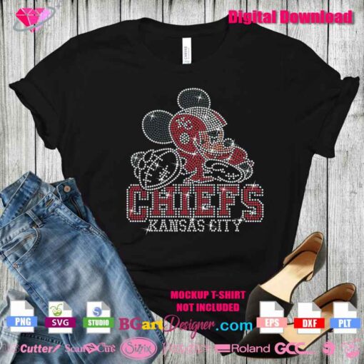 Kansas City Chiefs rhinestone SVG digital design featuring a football player wearing a helmet. The design is made with a sparkling rhinestone effect and is available as a layered SVG file for use with cutting machines like Cricut and Silhouette. Ideal for creating customized bling shirts, sports apparel, and accessories.