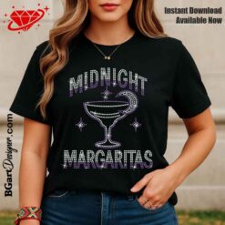 Black shirt mockup with Midnight Margaritas SS10 rhinestone design, cocktail glass and crescent moon