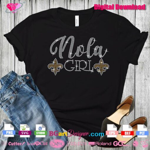 nola girl rhinestone svg cricut template, nola svg girls trip rhinestone svg