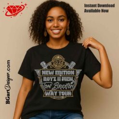 Model wearing black t-shirt with New Edition Way Tour 2026 rhinestone template featuring microphones and concert tour design