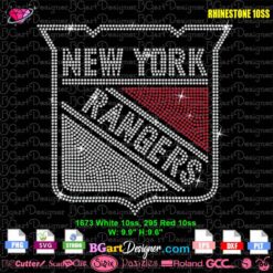 New York Rangers rhinestone template shield design with red and white stone layout for T-shirt heat transfer
