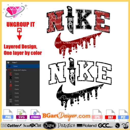 Nike logo with a bloody knife SVG design for Halloween, available in SVG, EPS, PNG, and DXF formats