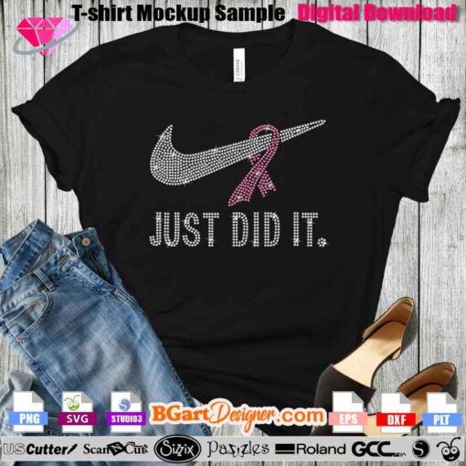 Downloadable digital rhinestone template for t-shirts featuring a 'Just Did It.' design with a rhinestone Nike swoosh and pink breast cancer ribbon. Perfect for Cricut, Silhouette, and other cutting machines. This 10ss rhinestone design is ideal for creating custom apparel with a touch of sparkle, supporting breast cancer awareness. Available in PNG, SVG, DXF, EPS formats for instant download. A must-have template for DIY enthusiasts and small business owners looking for unique rhinestone shirt designs.