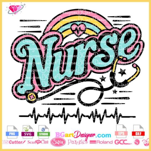 Colorful Nurse Rainbow Heart Line SVG with stethoscope and heartbeat line, ideal for Cricut and Silhouette crafts. Great for nurse appreciation gifts and custom DIY projects.