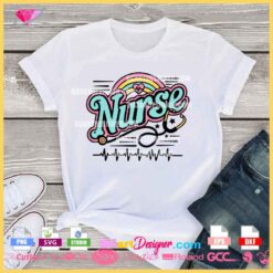 Nurse Rainbow Heart Line SVG design for Cricut and Silhouette cutting machines, featuring colorful rainbow, heartbeat line, and stethoscope. Perfect for crafting nurse-themed T-shirts and gifts.