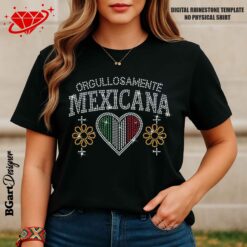 Orgullosamente Mexicana rhinestone shirt mockup on black T-shirt for Latina pride and Hispanic Heritage Month