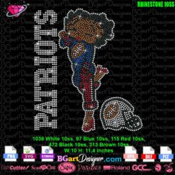 Patriots Betty Boop rhinestone template with detailed rhinestone 10SS pattern. This digital download features the Patriots logo and Betty Boop character in a football pose. The design measures 10 x 11.4 inches and includes 1,036 white, 97 blue, 115 red, 472 black, and 313 brown rhinestones. Ideal for Cricut and Silhouette users, available in SVG, EPS, DXF, and STUDIO3 formats.