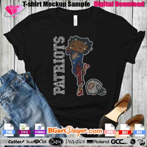 Patriots Betty Boop rhinestone t-shirt design mockup featuring the Patriots logo and character in a football pose. Instant digital download for use with Cricut, Silhouette, and cutting machines. This digital rhinestone template in SVG format uses 10SS rhinestones, perfect for making custom, sparkling t-shirts. Available in multiple formats including PNG, EPS, DXF, and STUDIO3.