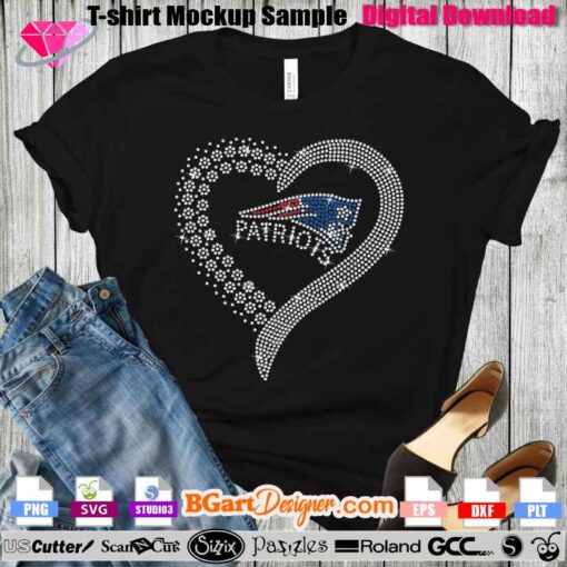 Patriots heart rhinestone t-shirt design mockup featuring a dazzling heart-shaped pattern made with rhinestone 10SS. This digital download is perfect for Cricut, Silhouette, and cutting machine users looking to create a sparkling Patriots-themed design. SVG and PNG files available for easy crafting. Instant download for DIY rhinestone template enthusiasts.