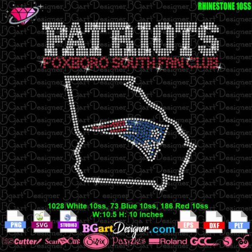 Patriots Foxboro South Fan Club Rhinestone SVG Template - Digital Rhinestone 10ss Design for Cutting Machines. This 10.5-inch wide and 10-inch high design includes the Patriots logo, Georgia state outline, and 'Foxboro South Fan Club' text in sparkling rhinestones. Compatible with Cricut, Silhouette, and other cutting machines for creating custom fan apparel. Keywords: rhinestone SVG, Patriots fan design, cutting machine template, instant digital download.