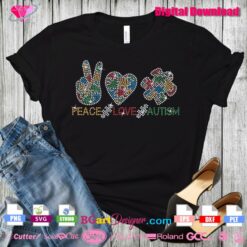 hand peace heart puzzle piece rhinestone svg, autism awareness bling crystal transfer shirt