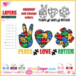 peace love autism cuttable svg, heart peace symbol hand puzzle piece svg cricut