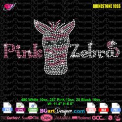 Pink Zebra rhinestone SVG PLT design for digital download, featuring layered pink and white crystal stones for T-shirts.