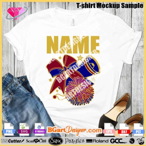 Pom-Pom Bow Megaphone Custom Name SVG for Cricut and Silhouette. Instant digital download of a layered vector design. Perfect for cheerleading T-shirts and DIY crafts. #CheerSVG #CustomNameSVG #CricutCutFiles #SilhouetteDesign