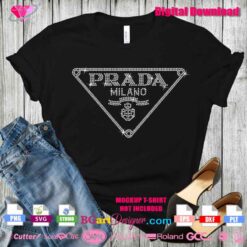 Black t-shirt mockup with Prada rhinestone logo template for Cricut and Silhouette cutting machines using 10ss stones