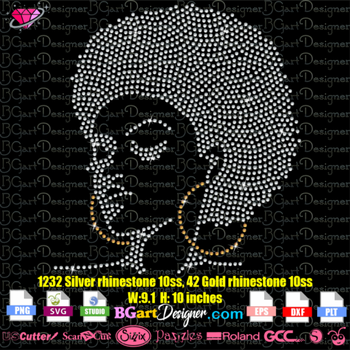 pretty woman afro hair rhinestone template svg cricut silhouette, diva afro american face bling rhinestone transfer, download rhinestone digital template face black girl