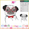 Pug Dog Glasses bow tie svg, funny pug with glasses and bow svg cricut silhouette, hipster pug vector png download