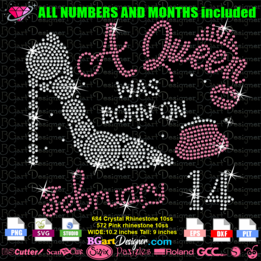 A queen was born on high heel shoes purse crown rhinestone svg cricut silhouette, high heel shoes purse birthday bling cut file template, iron on transfer purse lips kiss rhinestone