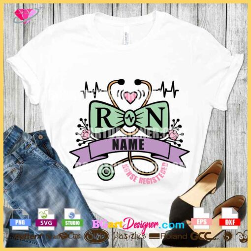 Customizable RN Nurse Registered SVG design on a white t-shirt, featuring a bow, stethoscope, and editable name banner. Ideal for nurse-themed crafts and apparel using cutting machines like Cricut or Silhouette.