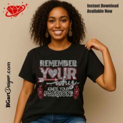 Remember Your Why rhinestone template preview showing crystal dot layout with white and red rhinestone placement guide