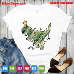 Rexy Coach Christmas Lights SVG design on white t-shirt – dinosaur digital file for Cricut, Silhouette, sublimation, DTF and transfer projects