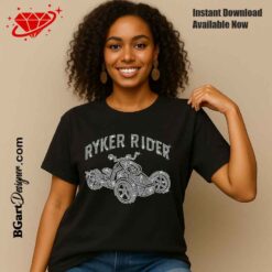Black T-shirt featuring a rhinestone Ryker Rider design with a smiling model – digital file for Cricut and Silhouette