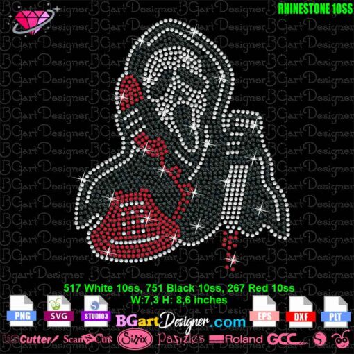 Scary Ghostface rhinestone template for instant digital download, designed for use with cutting machines such as Cricut and Silhouette. This high-quality rhinestone SVG file features Ghostface holding a phone, detailed with 10ss rhinestones in black, white, and red. The template measures 7.3 inches by 8.6 inches, perfect for creating custom T-shirt designs that sparkle with every move. Suitable for Halloween crafts and apparel decoration