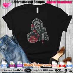 Digital download of a rhinestone template featuring the iconic Ghostface holding a phone, perfect for Halloween-themed T-shirt designs. This rhinestone SVG template is compatible with cutting machines like Cricut and Silhouette. The design includes sparkling rhinestones in black, white, and red, ideal for creating a standout look on black T-shirts. Available in multiple formats (PNG, SVG, EPS, DXF, PLT) for versatile crafting needs