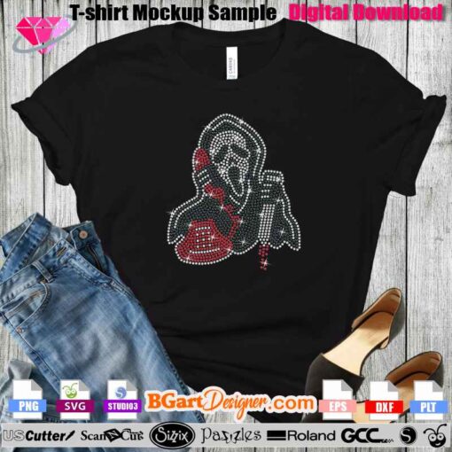 Digital download of a rhinestone template featuring the iconic Ghostface holding a phone, perfect for Halloween-themed T-shirt designs. This rhinestone SVG template is compatible with cutting machines like Cricut and Silhouette. The design includes sparkling rhinestones in black, white, and red, ideal for creating a standout look on black T-shirts. Available in multiple formats (PNG, SVG, EPS, DXF, PLT) for versatile crafting needs