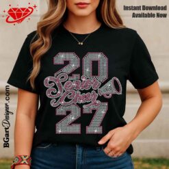 Black T-shirt featuring a pink and white Senior Cheer 2027 rhinestone design spangle machine with a megaphone