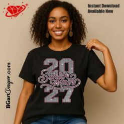 Black woman wearing a black T-shirt with the pink and white Senior Mom 2027 ss10 rhinestone design.