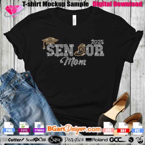 Rhinestone template 'Senior Mom' with rodeo cowgirl boots design, ready for instant digital download. Compatible with cutting machines like Cricut and Silhouette. This design uses 10ss rhinestones in white and gold, perfect for making custom t-shirts and gifts. Available in SVG, PNG, EPS, and DXF formats. Ideal for senior mom apparel and DIY projects. Enhance your crafts with this unique rhinestone design.