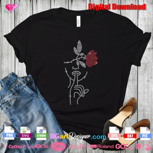 woman face mouth finger rose leaves bling rhinestone transfer svg