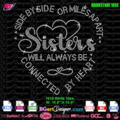 Sisters Connected by Heart rhinestone SVG template with 1010 SS10 stones, design size 10.8x10.9 inches for cutting machines