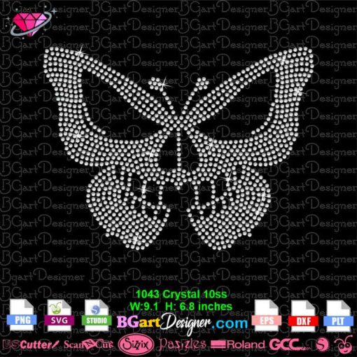 skull butterfly rhinestone template svg, halloween butterfly svg bling,