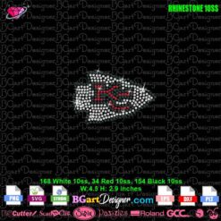 Small KC Chiefs rhinestone design pattern with white, red, and black crystals in 10SS size.