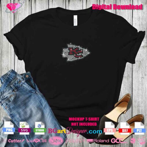 Black t-shirt mockup with small KC Chiefs rhinestone design in white, red, and black 10SS crystals.