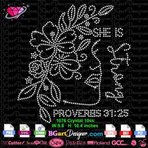 strong floral woman face rhinestone svg, she is strong proverbs 31 bling rhinestone svg cricut silhouette