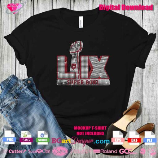 Super Bowl LIX 2025 rhinestone design SVG mockup displayed on a black t-shirt, ideal for Cricut and Silhouette DIY projects.