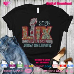 Super Bowl LIX 2025 rhinestone design SVG mockup displayed on a black t-shirt, ideal for Cricut and Silhouette DIY projects.