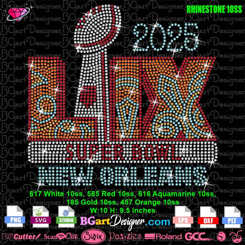 Super Bowl LIX 2025 rhinestone SVG design featuring vibrant patterns and text, perfect for DIY t-shirts and craft projects with Cricut and Silhouette