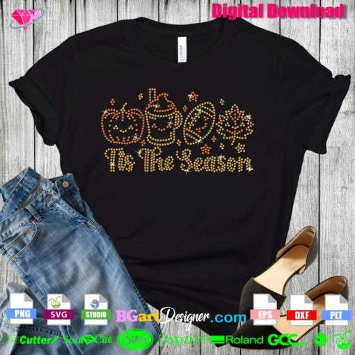 tis the season autumn bling rhinestone template, pumpkin spice rhinestone svg, football season bling transfer download